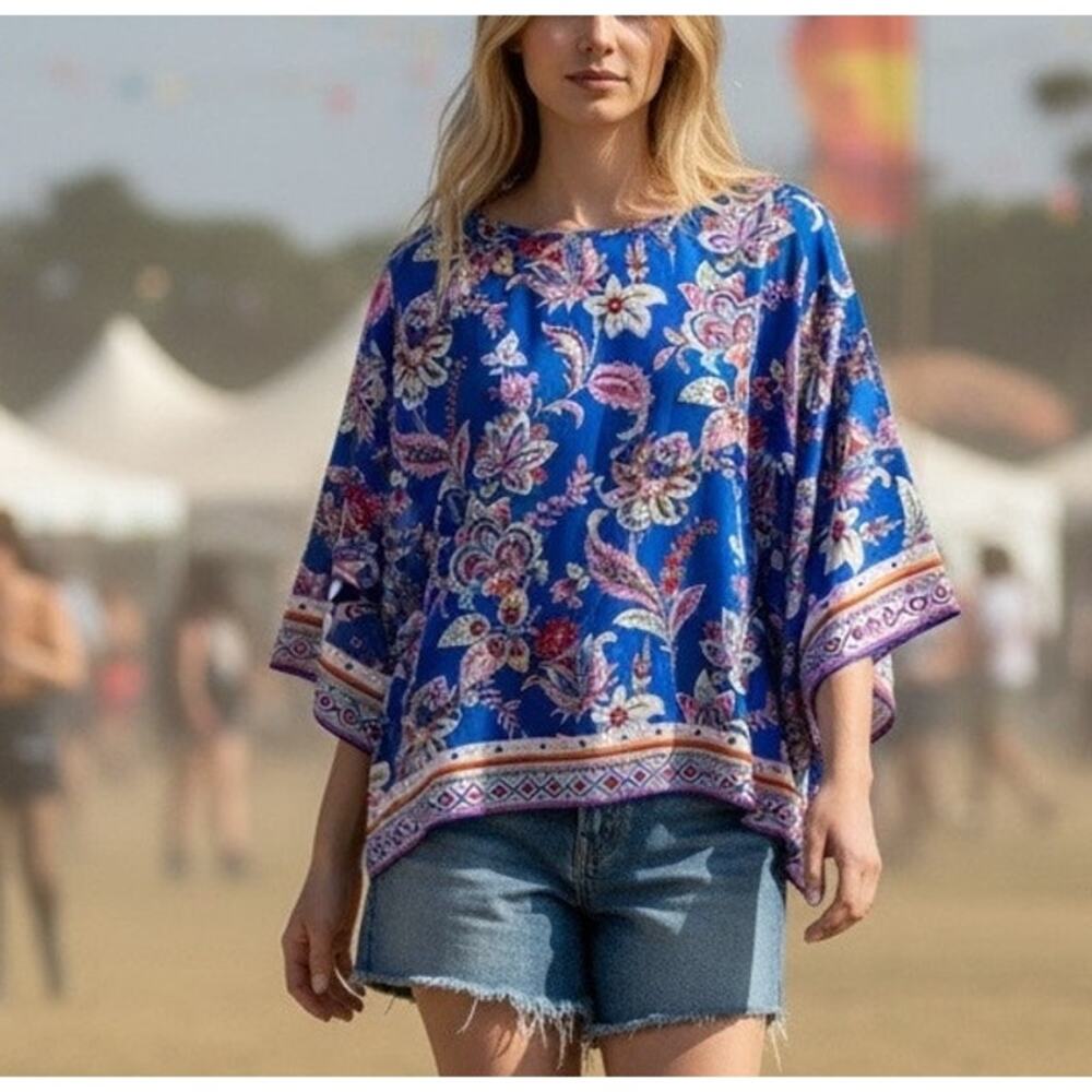 Blue Floral Kimono Top MEIDUM Boho Kaftan Scarf Festival Concert Hippie Oversize